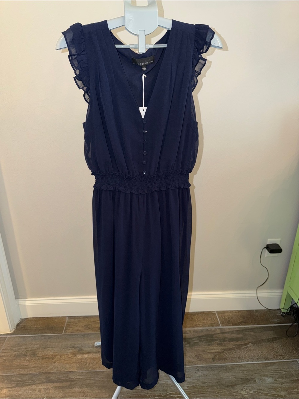 Adelyn Rae Clara Ruffle Sleeve Chiffon Navy Sleeveless V-Neck Jumpsuit